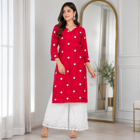 Buy Rayon Combo Red Base White Heart Kadai with Apliq Plazo Fabric