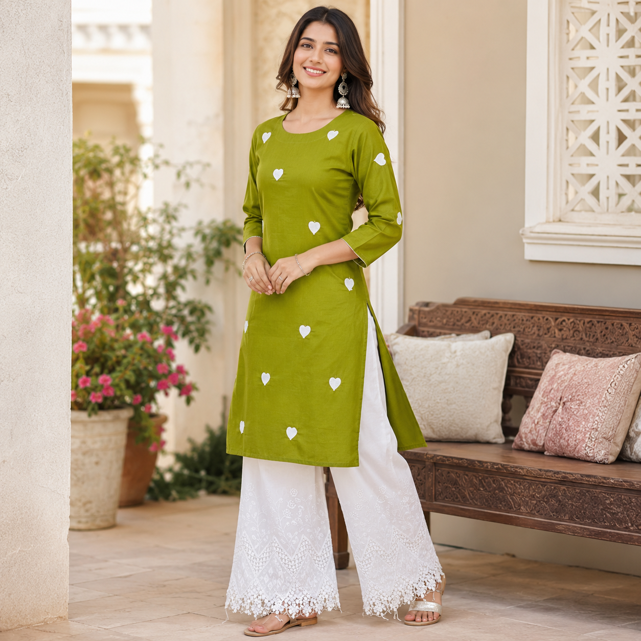 Buy Rayon Combo Mehndi Base White Heart Kadai with Apliq Plazo Fabric