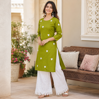 Buy Rayon Combo Mehndi Base White Heart Kadai with Apliq Plazo Fabric