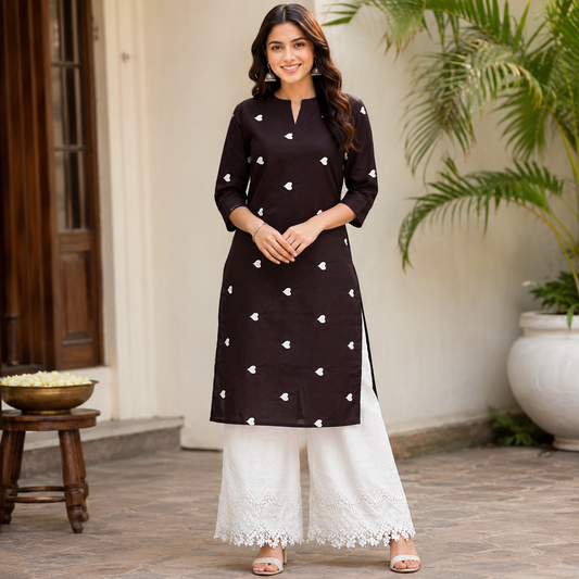 Buy Rayon Combo Coffee Base White Heart Kadai with Apliq Plazo Fabric
