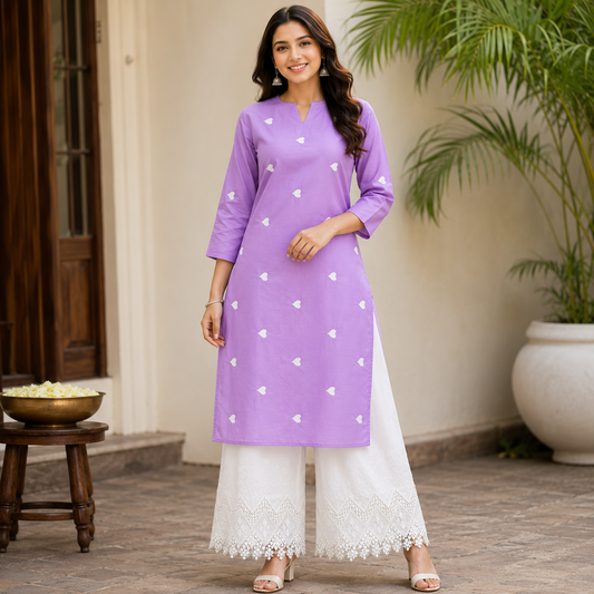 Buy Rayon Combo Levender Base White Heart Kadai with Apliq Plazo Fabric