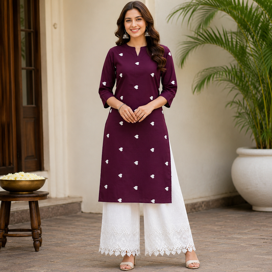 Buy Rayon Combo Wine Base White Heart Kadai with Apliq Plazo Fabric