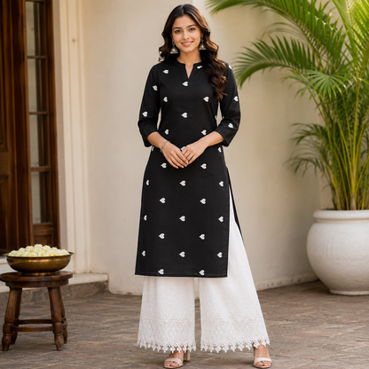 Buy Rayon Combo Black Base White Heart Kadai with Apliq Plazo Fabric