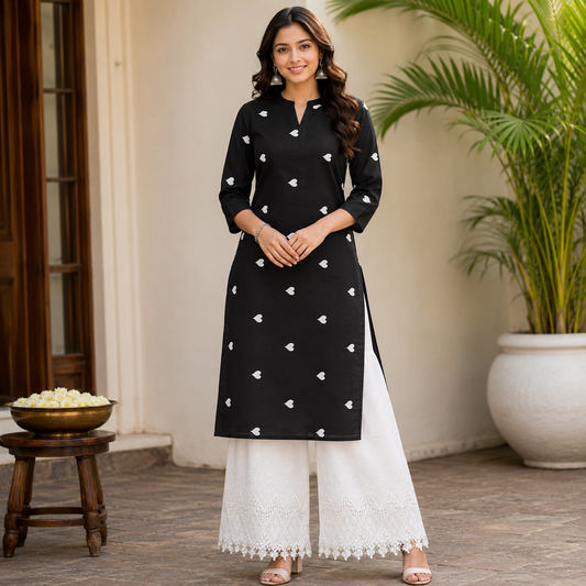 Buy Rayon Combo Black Base White Heart Kadai with Apliq Plazo Fabric