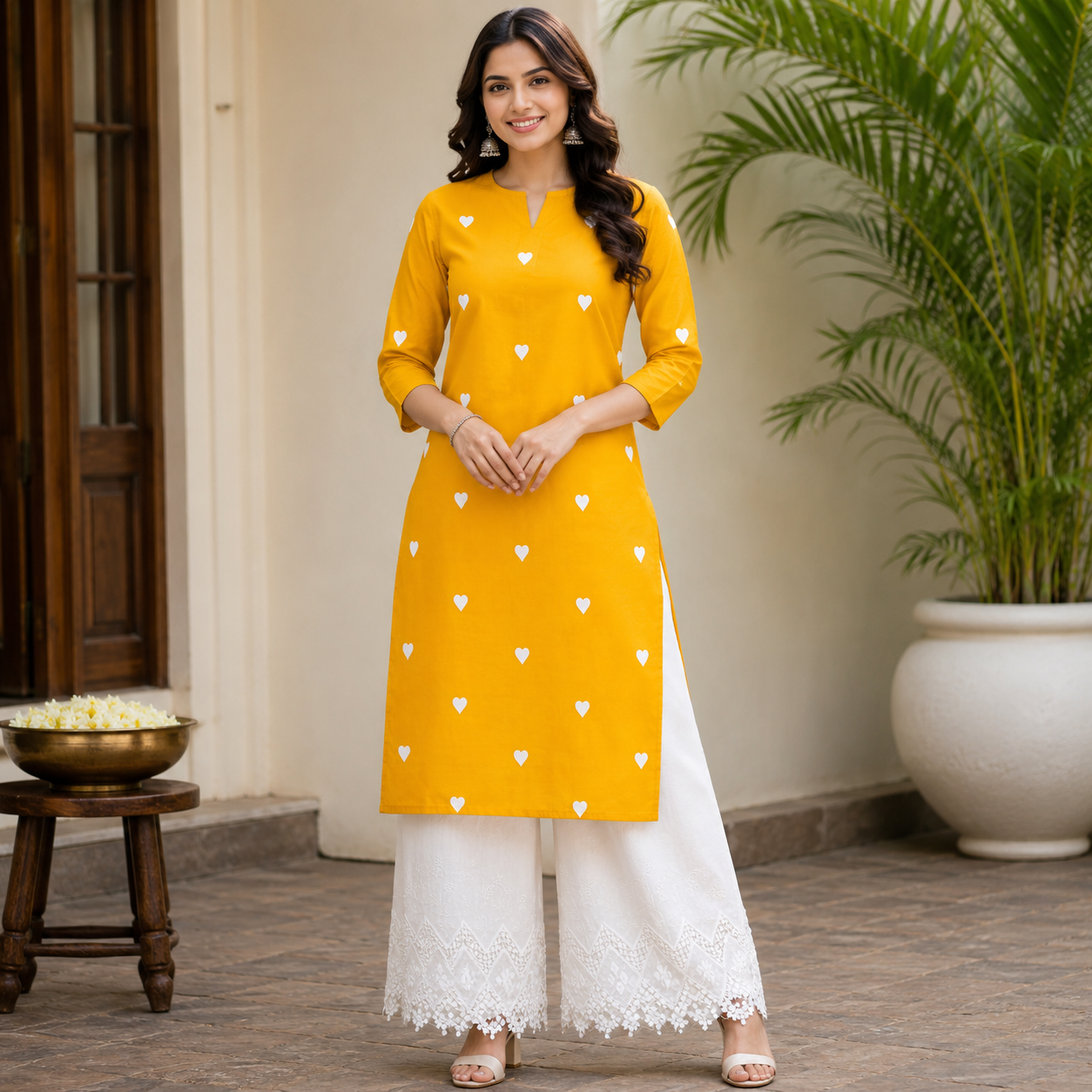 Buy Rayon Combo Mustard Base White Heart Kadai with Apliq Plazo Fabric