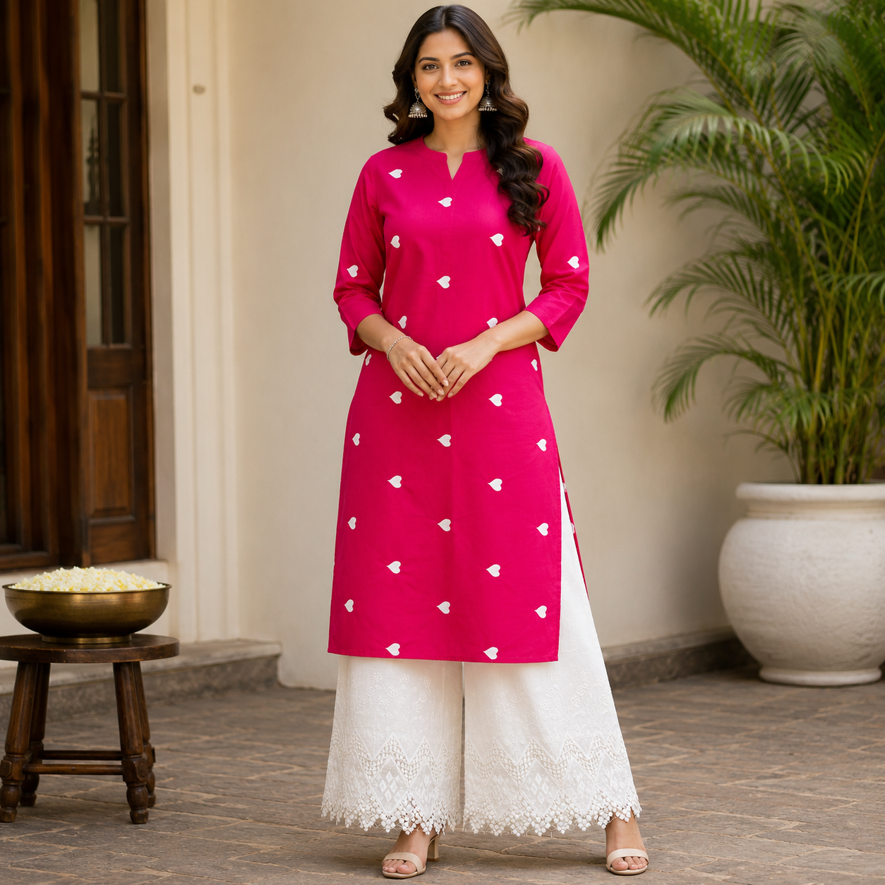 Buy Rayon Combo Rani Base White Heart Kadai with Apliq Plazo Fabric
