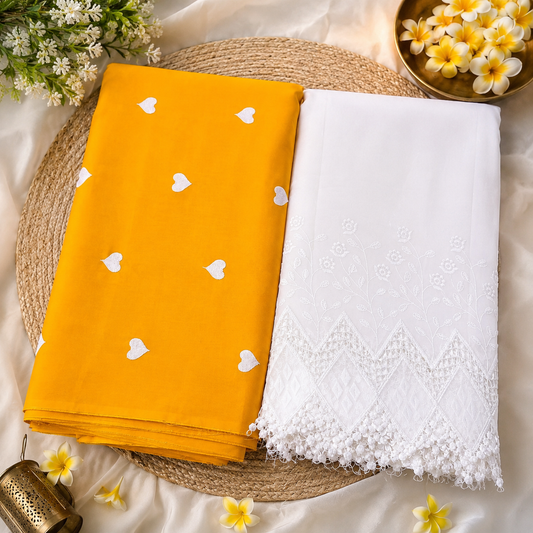 Buy Rayon Combo Mustard Base White Heart Kadai with Apliq Plazo Fabric