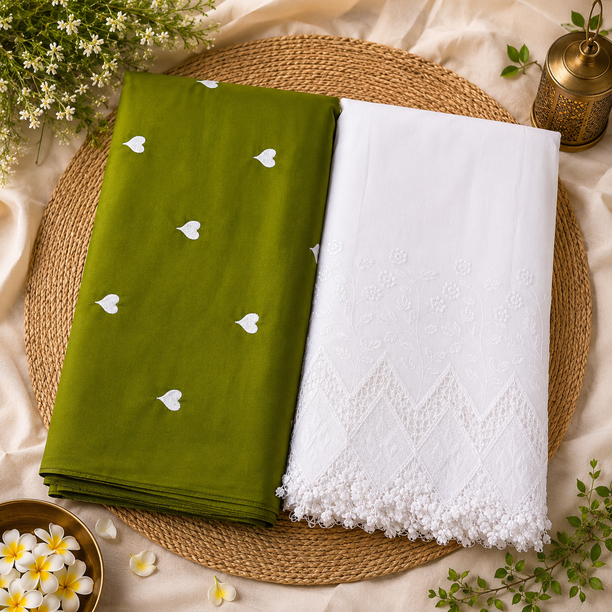 Buy Rayon Combo Mehndi Base White Heart Kadai with Apliq Plazo Fabric