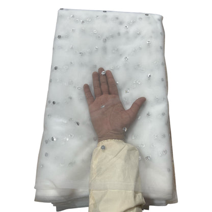 White Silver Butti Net Fabric