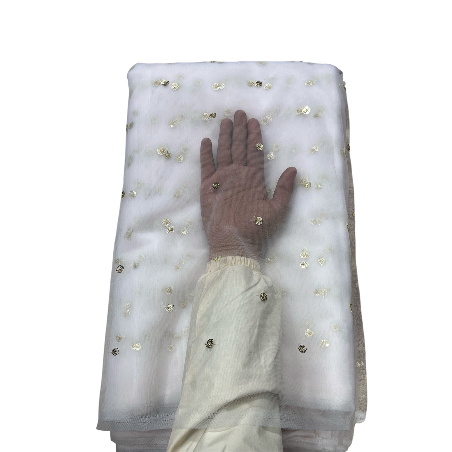 White Golden Butti Net Fabric