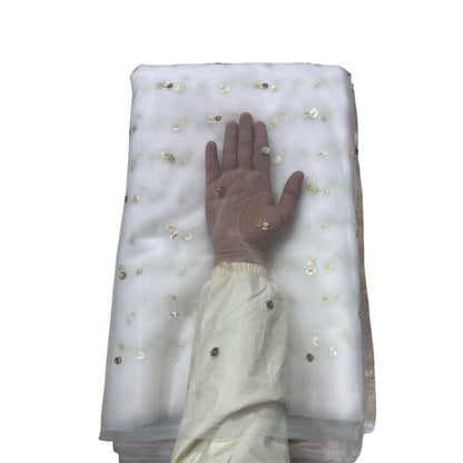 White Golden Butti Net Fabric