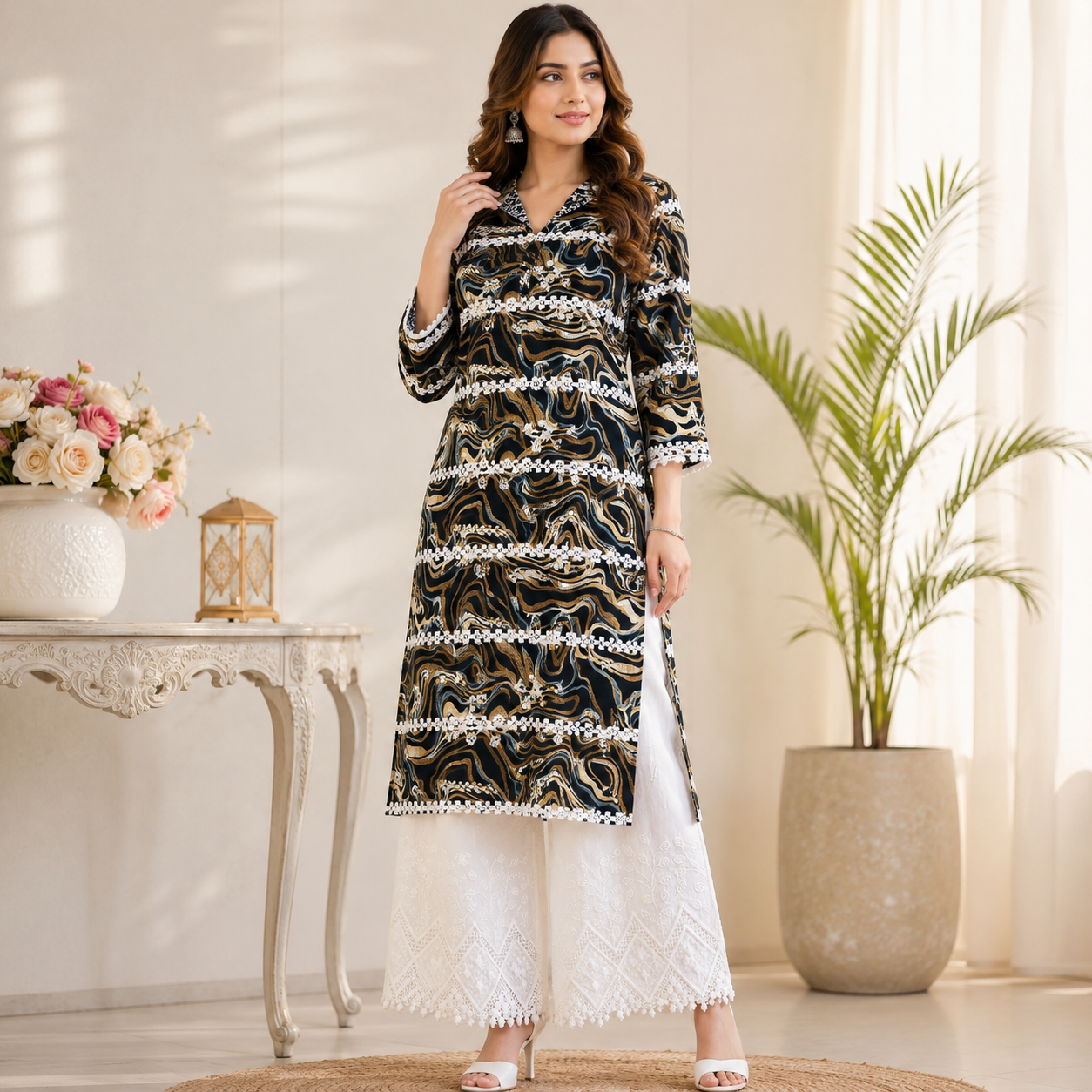 Buy Rayon Print with Kadai Top & Apliq Plazo Bottom (072)
