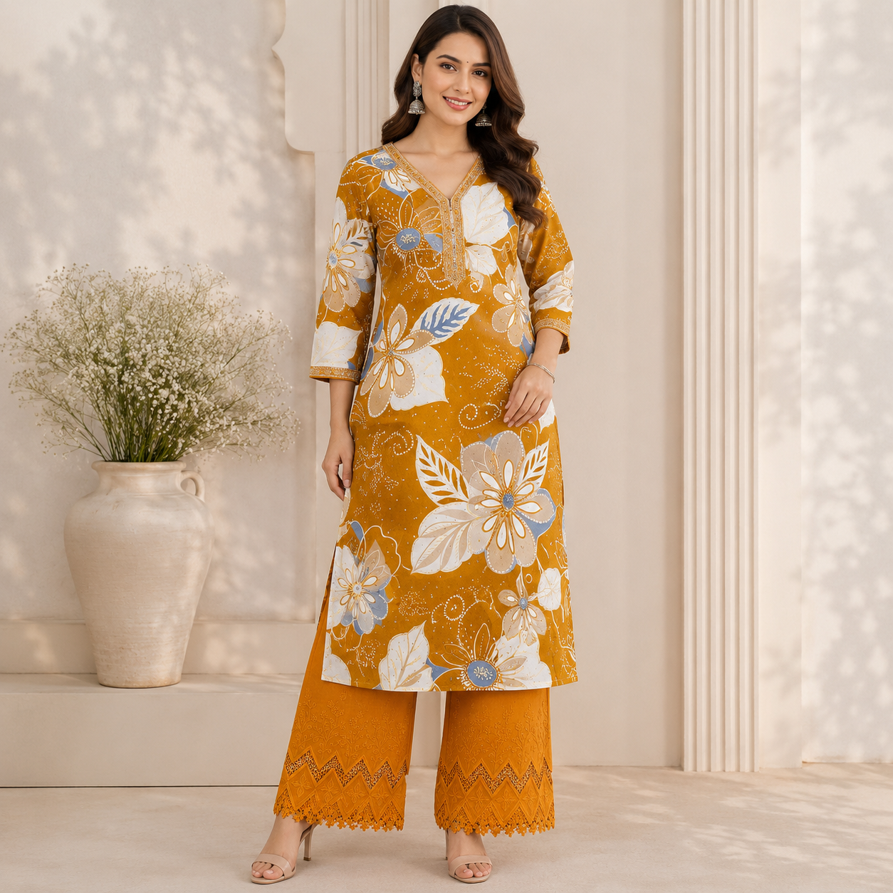 Buy Combo Floral Rayon Print Diamond with Apliq Plazo Fabric 046