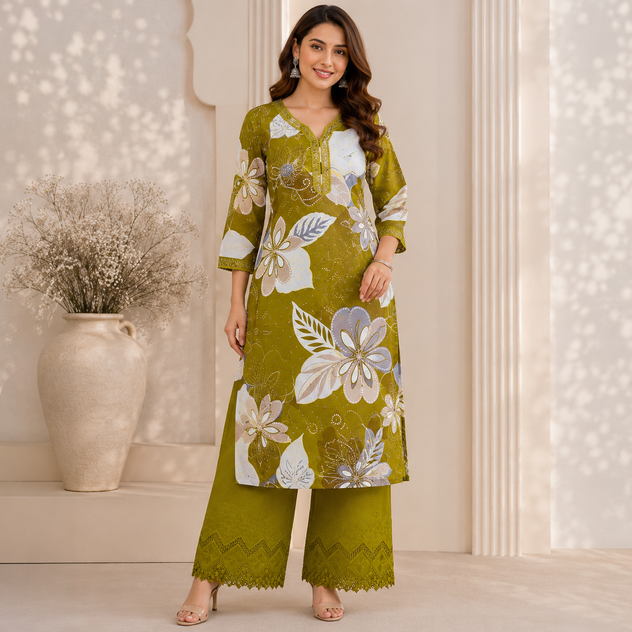 Buy Combo Floral Rayon Print Diamond with Apliq Plazo Fabric 047