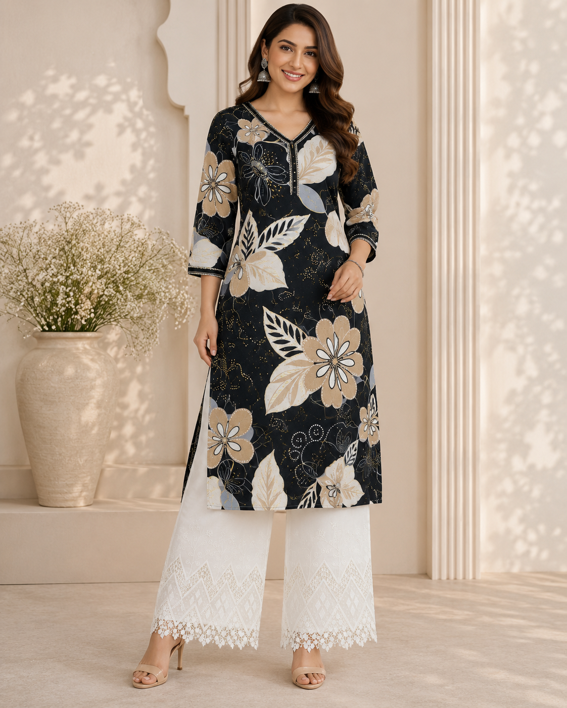 Buy Combo Floral Rayon Print Diamond with Apliq Plazo Fabric 048