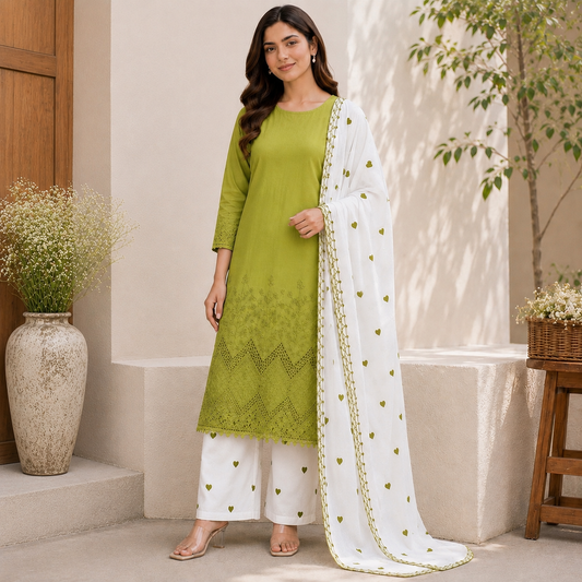 Buy Combo Apliq Top with White Cotton Mehndi Heart Kadai Bottom & Dupatta Fabric