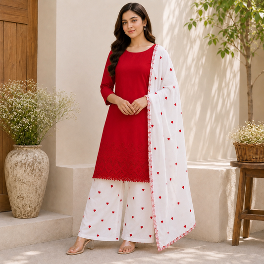 Buy Combo Apliq Top with White Cotton Red Heart Kadai Bottom & Dupatta Fabric