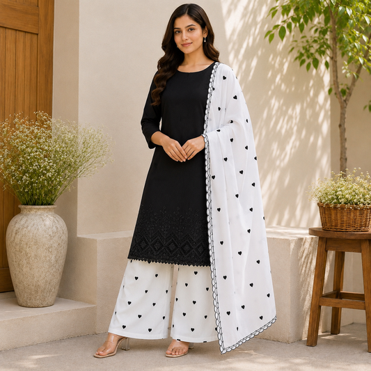 Buy Combo Apliq Top with White Cotton Black Heart Kadai Bottom & Dupatta Fabric