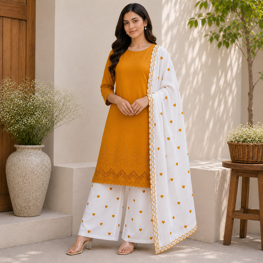 Buy Combo Apliq Top with White Cotton Mustard Heart Kadai Bottom & Dupatta Fabric