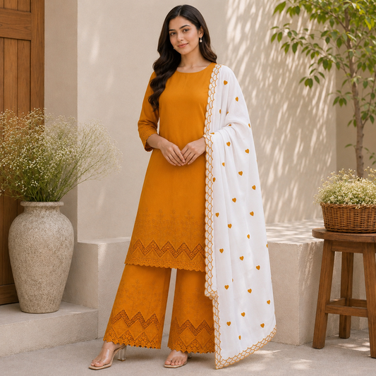 Buy Combo Mustard Apliq Top & Bottom with Heart Kadai Dupatta Fabric