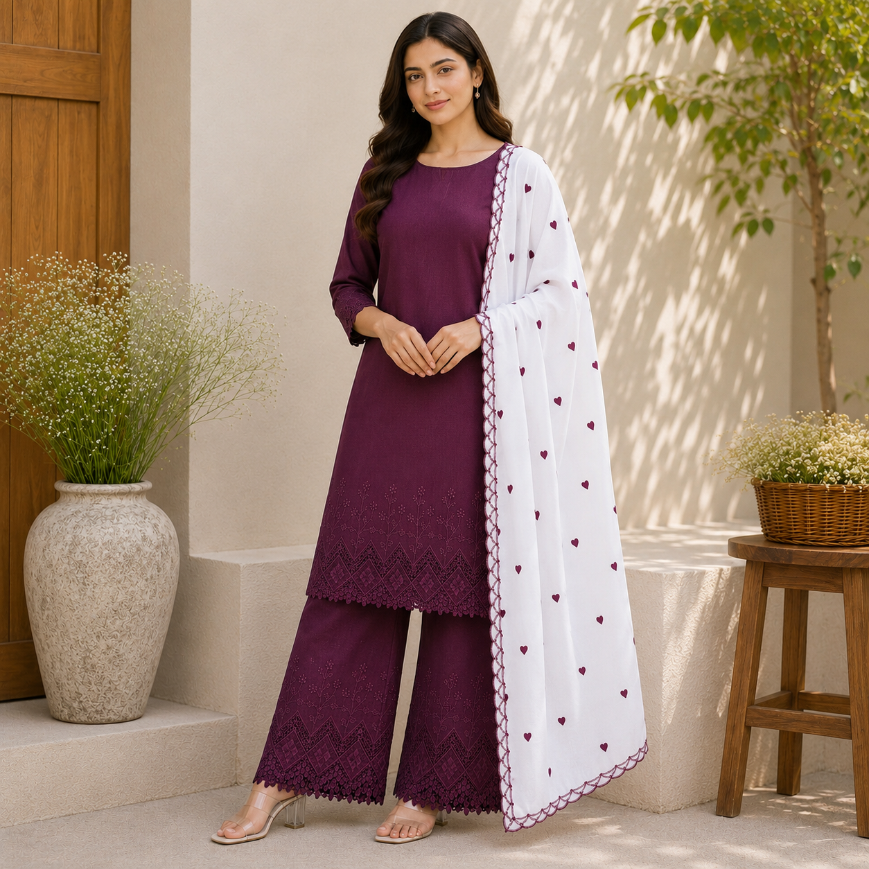 Buy Combo Wine Apliq Top & Bottom with Heart Kadai Dupatta Fabric