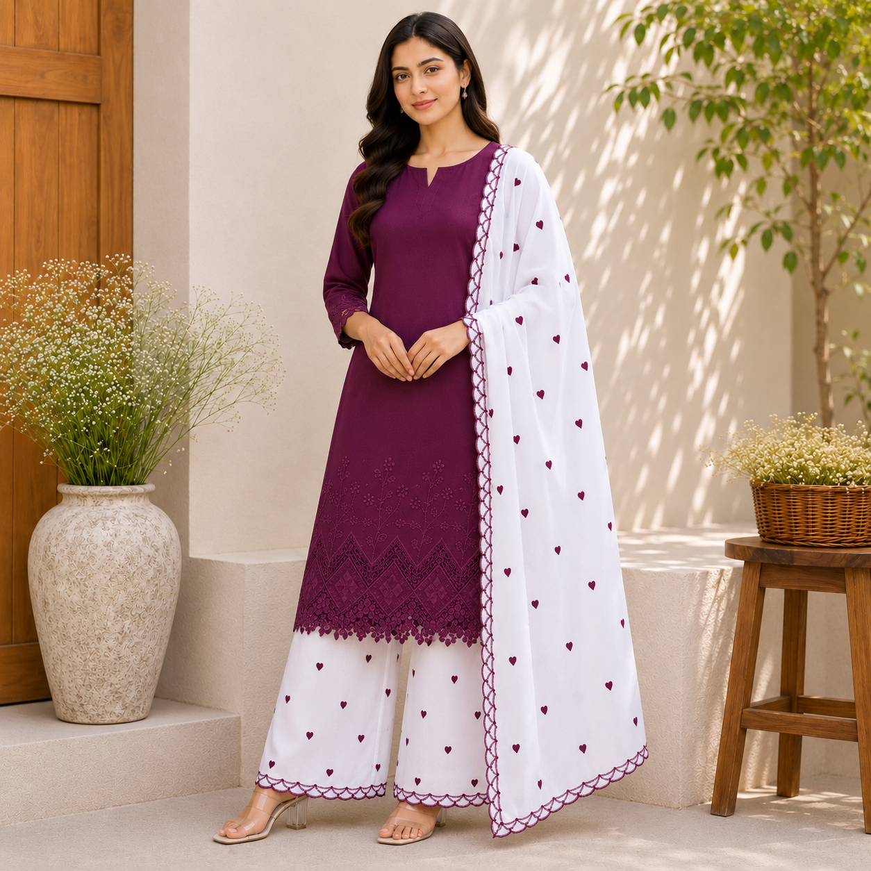 Buy Combo Apliq Top with White Cotton Wine Heart Kadai Bottom & Dupatta Fabric