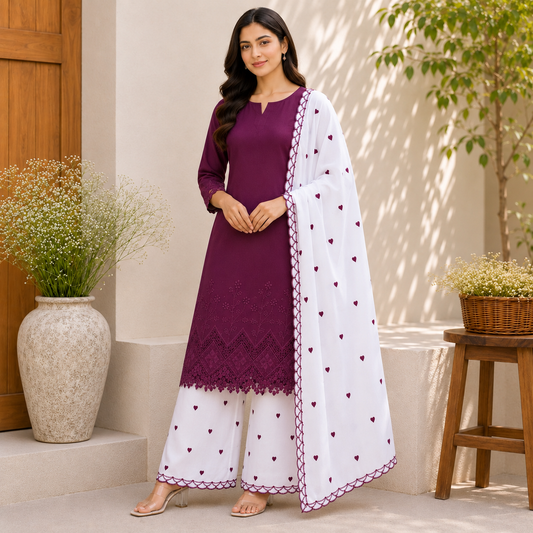 Buy Combo Apliq Top with White Cotton Wine Heart Kadai Bottom & Dupatta Fabric