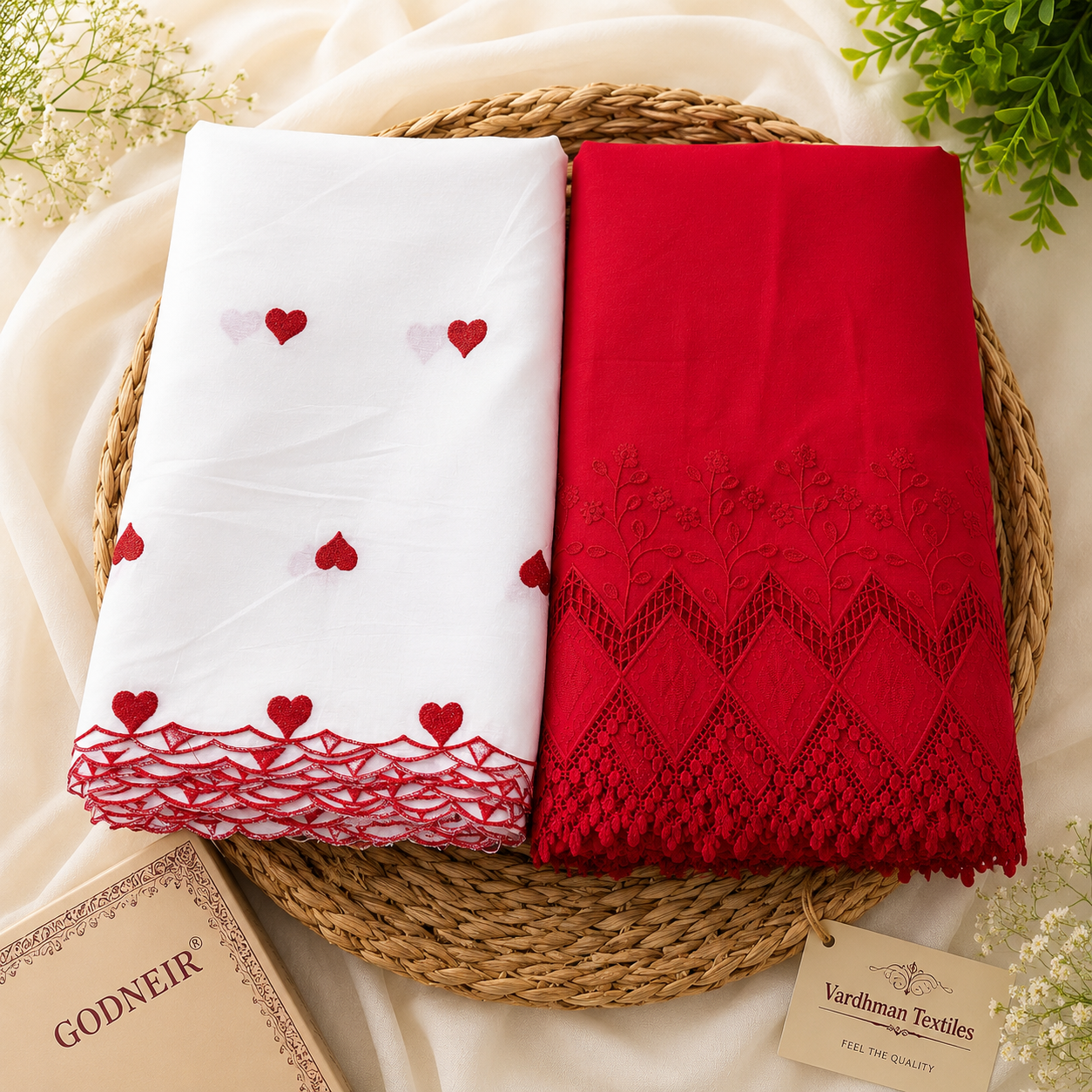 Buy Combo Red Apliq Top & Bottom with Heart Kadai Dupatta Fabric