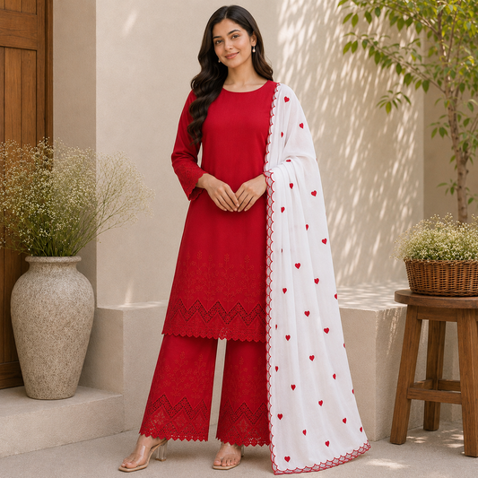 Buy Combo Red Apliq Top & Bottom with Heart Kadai Dupatta Fabric