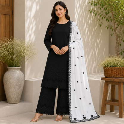 Buy Combo Black Apliq Top & Bottom with Heart Kadai Dupatta Fabric