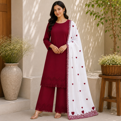 Buy Combo Mehroon Apliq Top & Bottom with Heart Kadai Dupatta Fabric