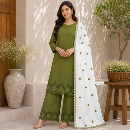 Buy Combo Mehndi Apliq Top & Bottom with Heart Kadai Dupatta Fabric