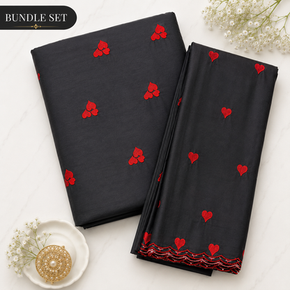 Buy Combo Black Cotton Red Triple Heart Kadai Top & Dupatta with Apliq Plazo Fabric