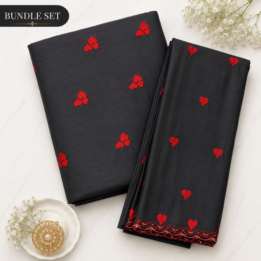 Buy Combo Black Cotton Red Triple Heart Kadai Top & Dupatta with Apliq Plazo Fabric