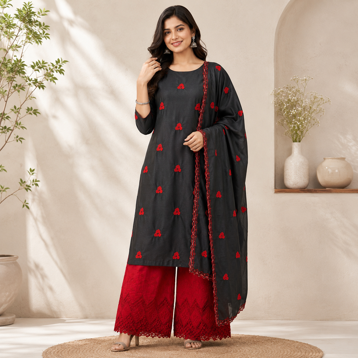 Buy Combo Black Cotton Red Triple Heart Kadai Top & Dupatta with Apliq Plazo Fabric