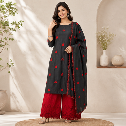 Buy Combo Black Cotton Red Triple Heart Kadai Top & Dupatta with Apliq Plazo Fabric