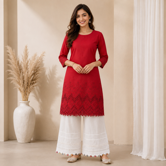 Buy Combo Red Apliq Chikankari with Kora Cotton Dolna Plazo Fabric