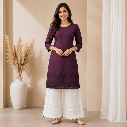 Buy Combo Wine Apliq Chikankari with Kora Cotton Dolna Plazo Fabric