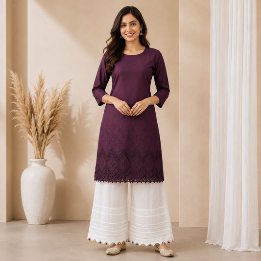 Buy Combo Wine Apliq Chikankari with Kora Cotton Dolna Plazo Fabric