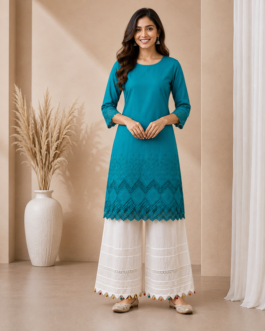 Buy Combo Rama Green Apliq Chikankari with Kora Cotton Dolna Plazo Fabric