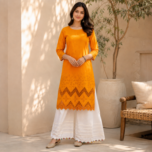 Buy Combo Mustard Apliq Chikankari with Kora Cotton Dolna Plazo Fabric