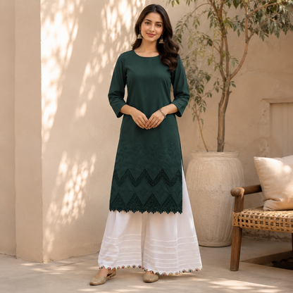 Buy Combo Bottle Green Apliq Chikankari with Kora Cotton Dolna Plazo Fabric