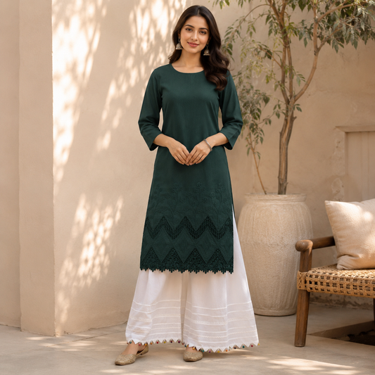 Buy Combo Bottle Green Apliq Chikankari with Kora Cotton Dolna Plazo Fabric