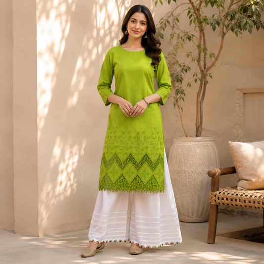 Buy Combo Mehndi Apliq Chikankari with Kora Cotton Dolna Plazo Fabric