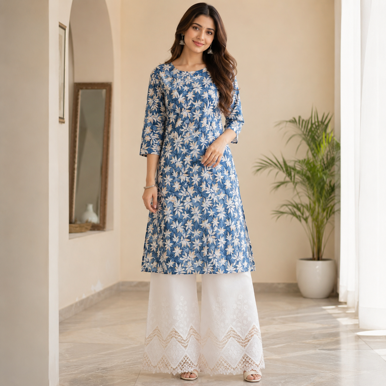 Buy Combo Floral Rayon Print Diamond with Apliq Plazo Fabric 051
