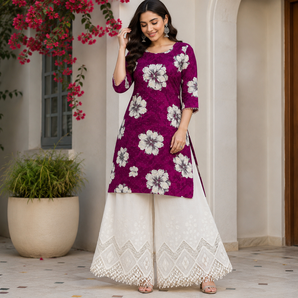 Buy Combo Floral Rayon Print Diamond with Apliq Plazo Fabric 058