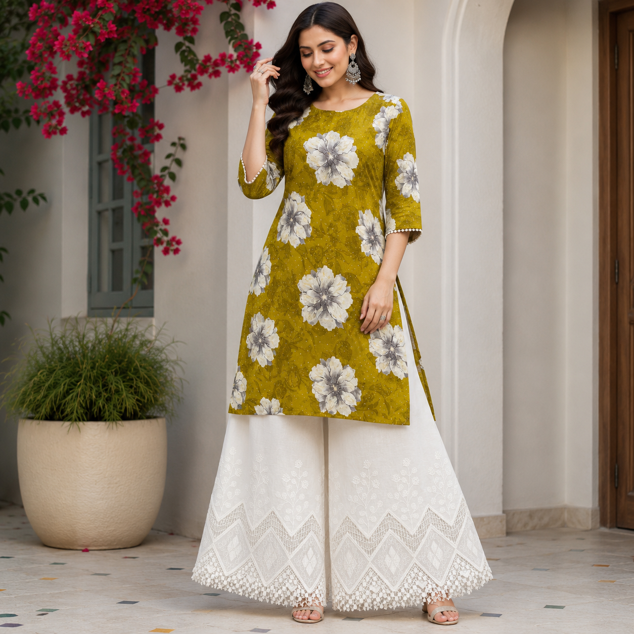 Buy Combo Floral Rayon Print Diamond with Apliq Plazo Fabric 057