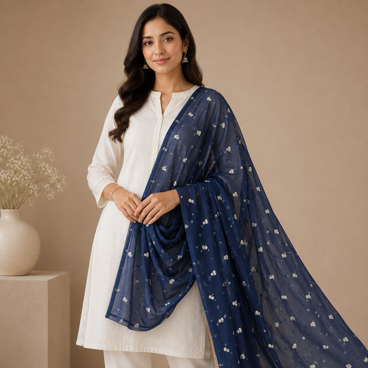 Buy Navy Blue Butti Net Fabric