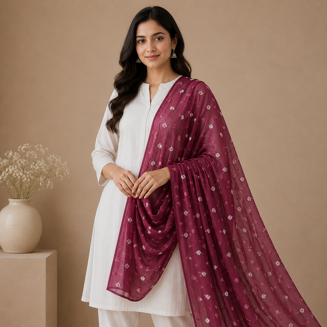 Buy Mehroon Butti Net Fabric