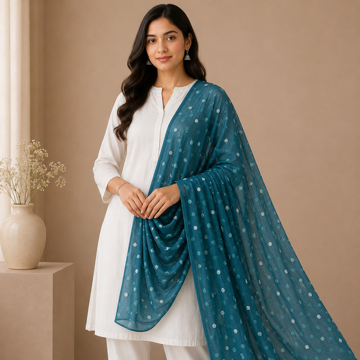 Buy Bottle Green Butti Net Fabric